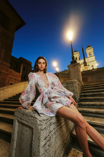 Floral Puff Sleeve Deep V-Neck Dress