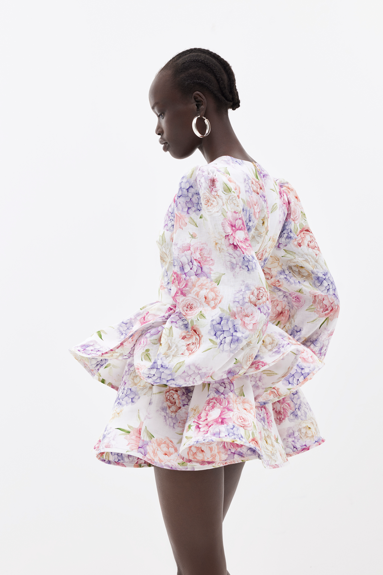 Floral Puff Sleeve Deep V-Neck Dress