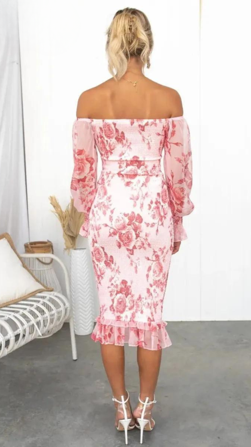 Off-Shoulder Floral Bodycon Midi Dress in Pink