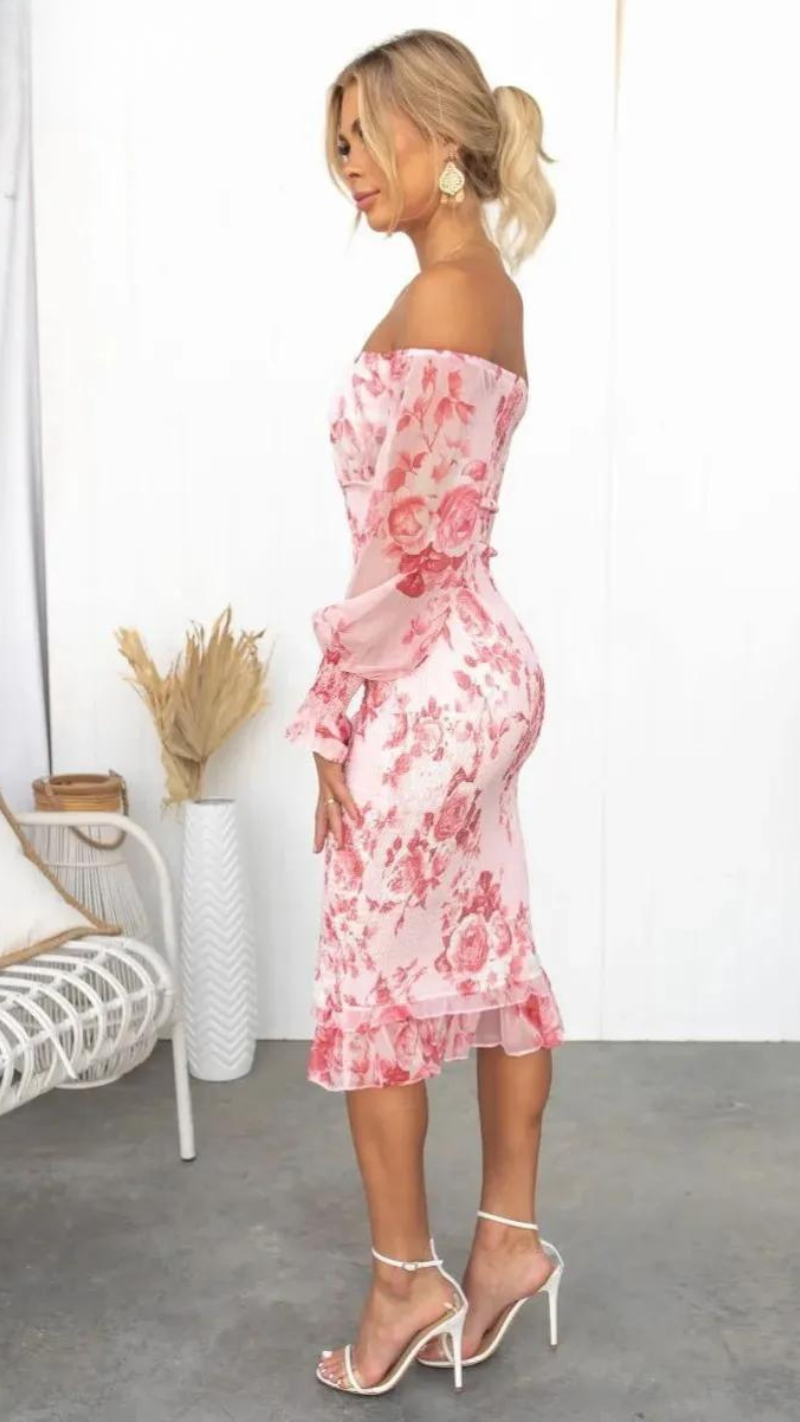 Off-Shoulder Floral Bodycon Midi Dress in Pink