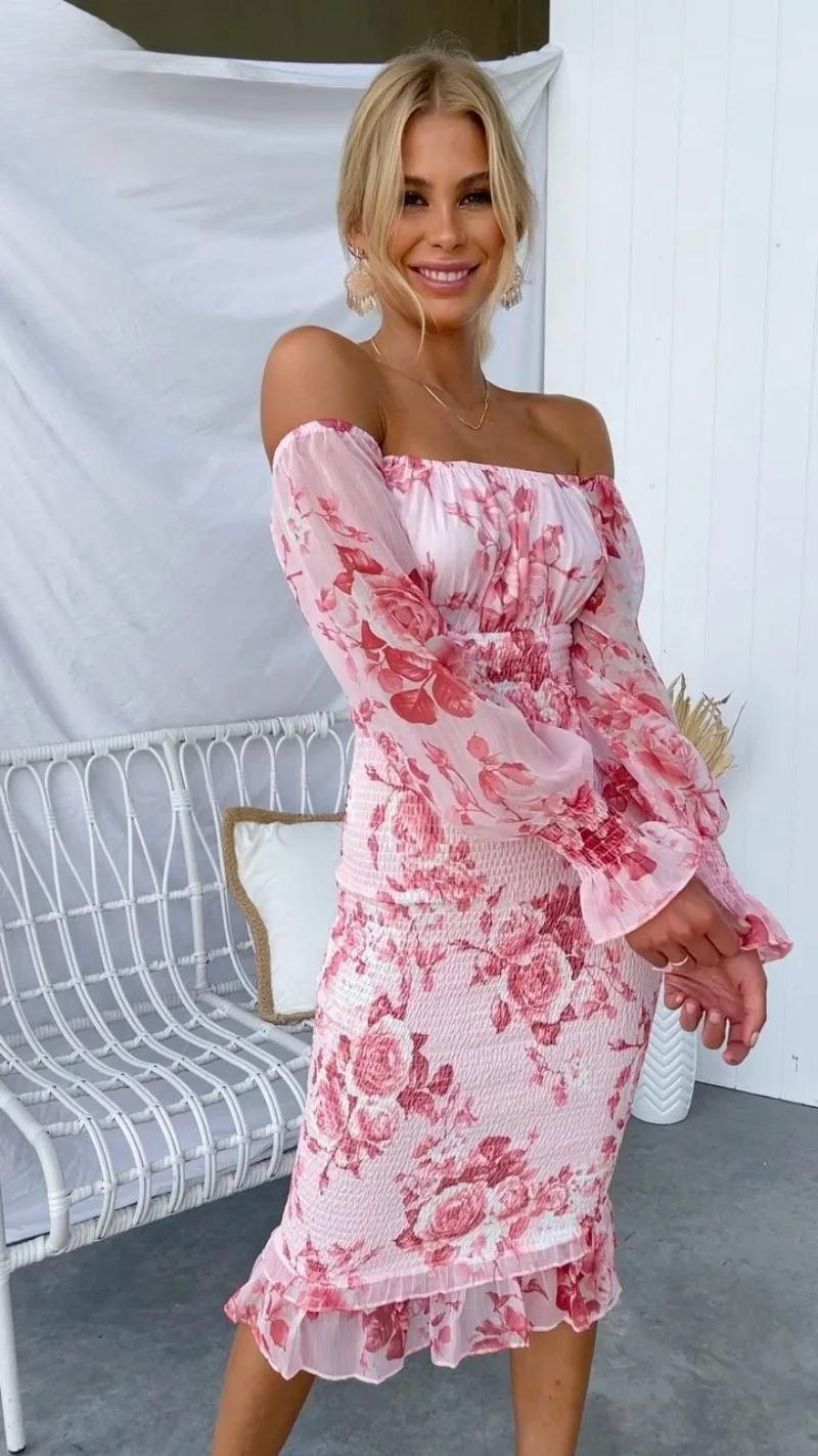 Off-Shoulder Floral Bodycon Midi Dress in Pink