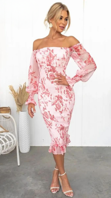 Off-Shoulder Floral Bodycon Midi Dress in Pink