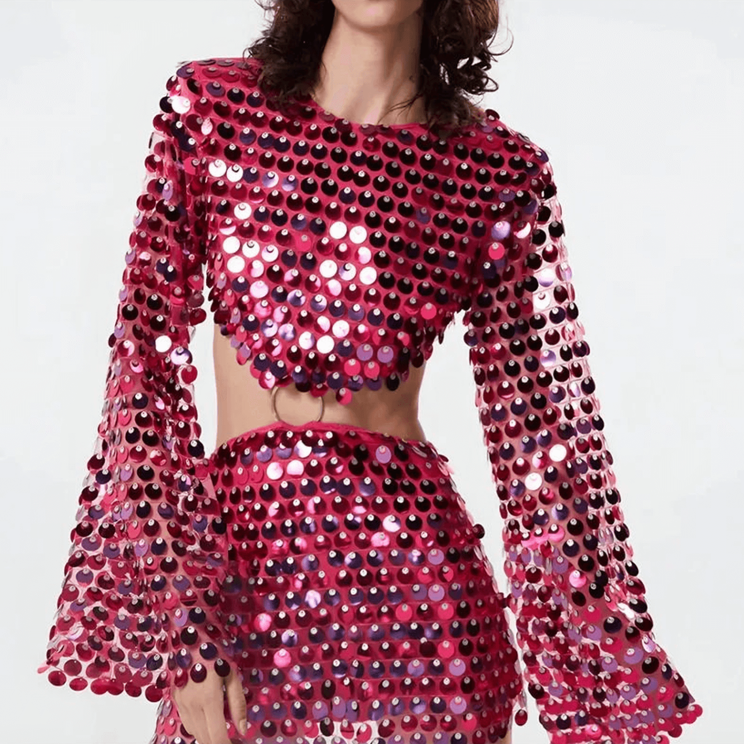 Flared Sleeve Shimmering Sequin Mini Dress with Cut-Out Detail