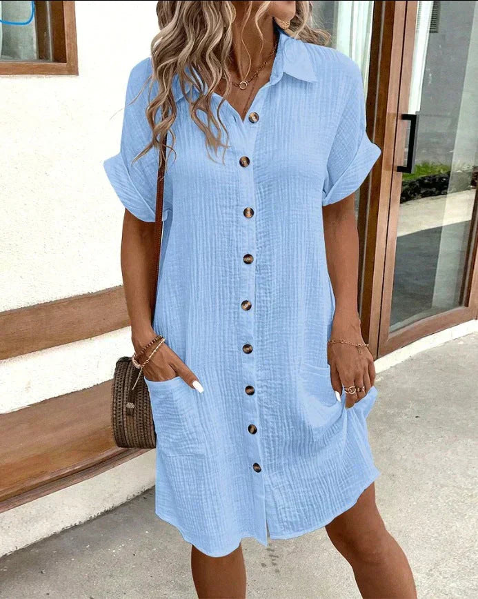 Casual Light Cotton Shirt Dress with Buttons
