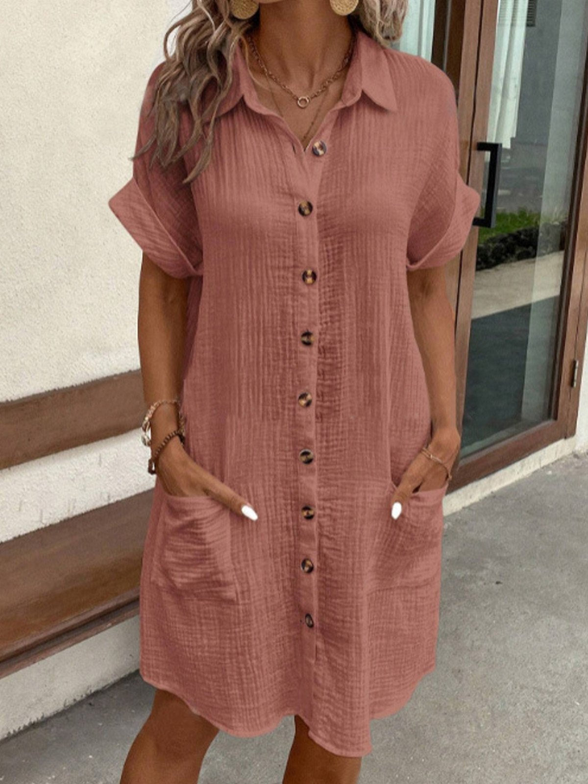 Casual Light Cotton Shirt Dress with Buttons