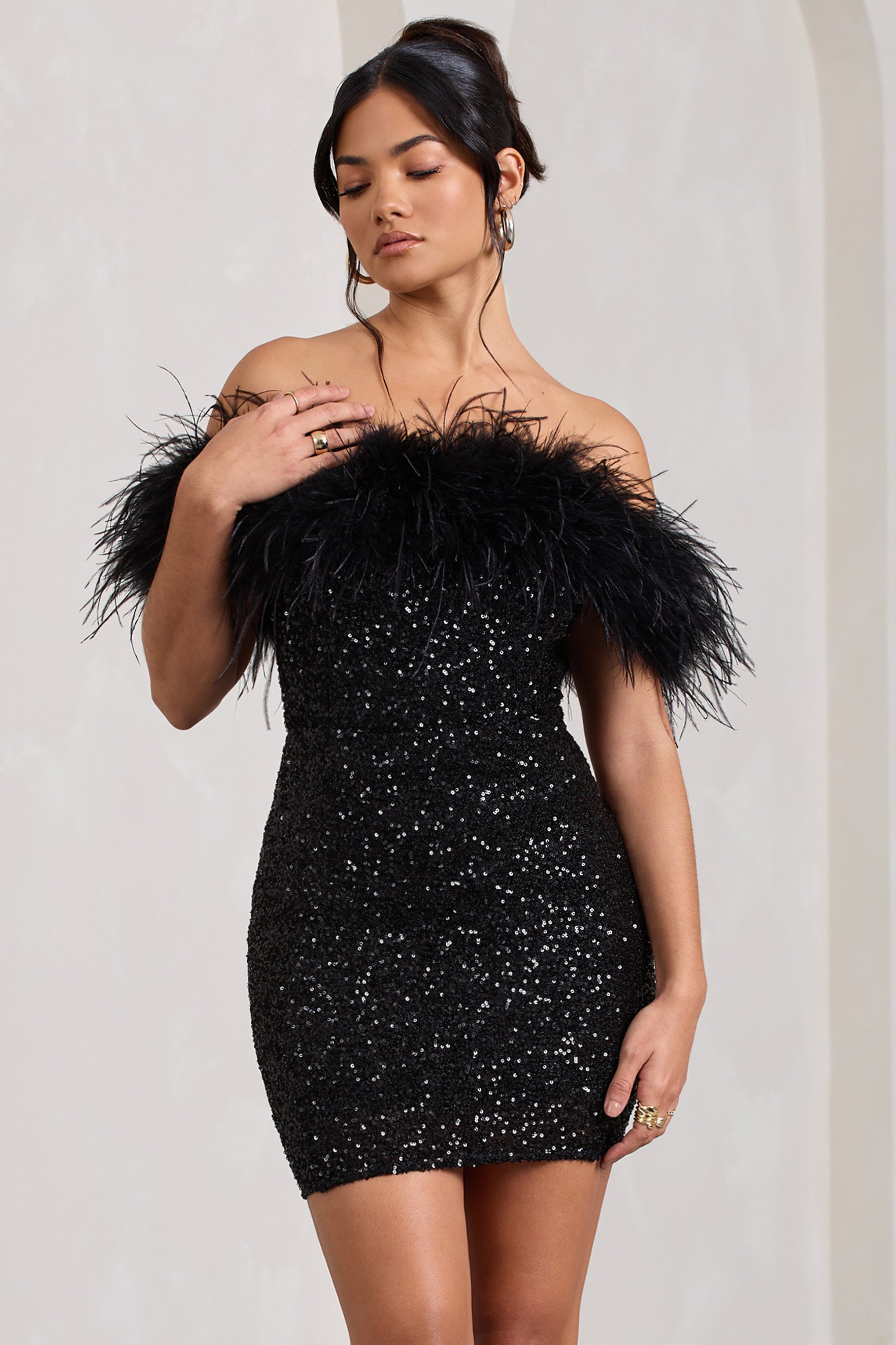 Sequin Mini Dress with Off-Shoulder Feathers