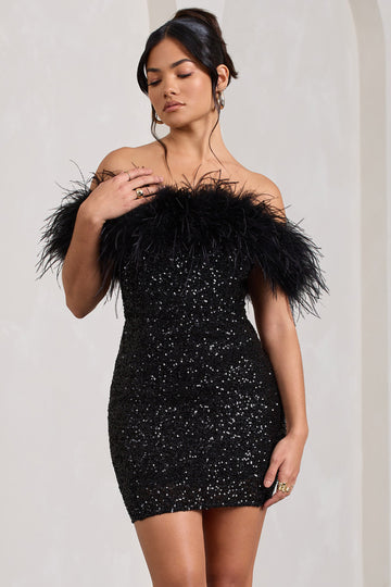 Sequin Mini Dress with Off-Shoulder Feathers