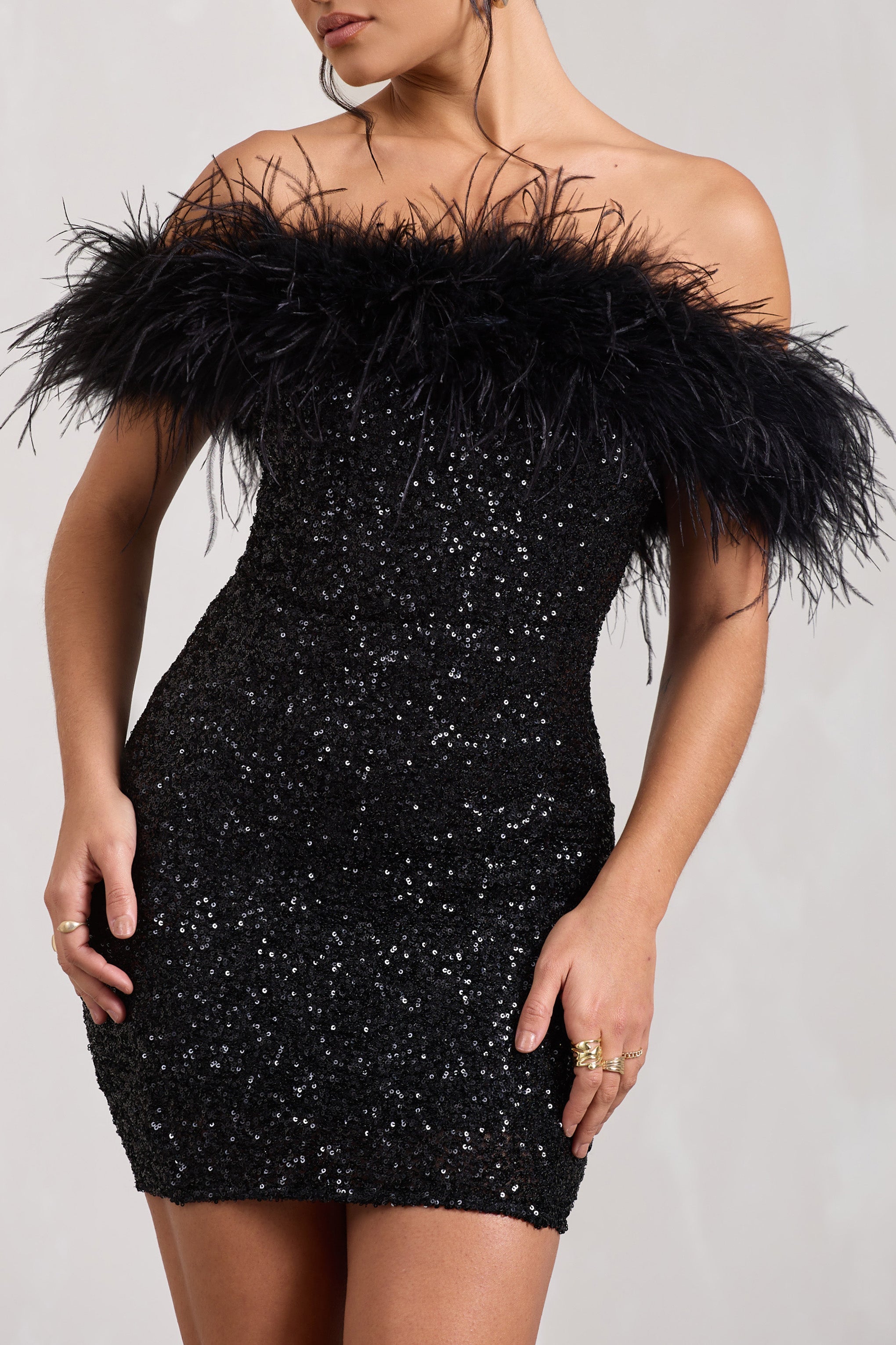 Sequin Mini Dress with Off-Shoulder Feathers