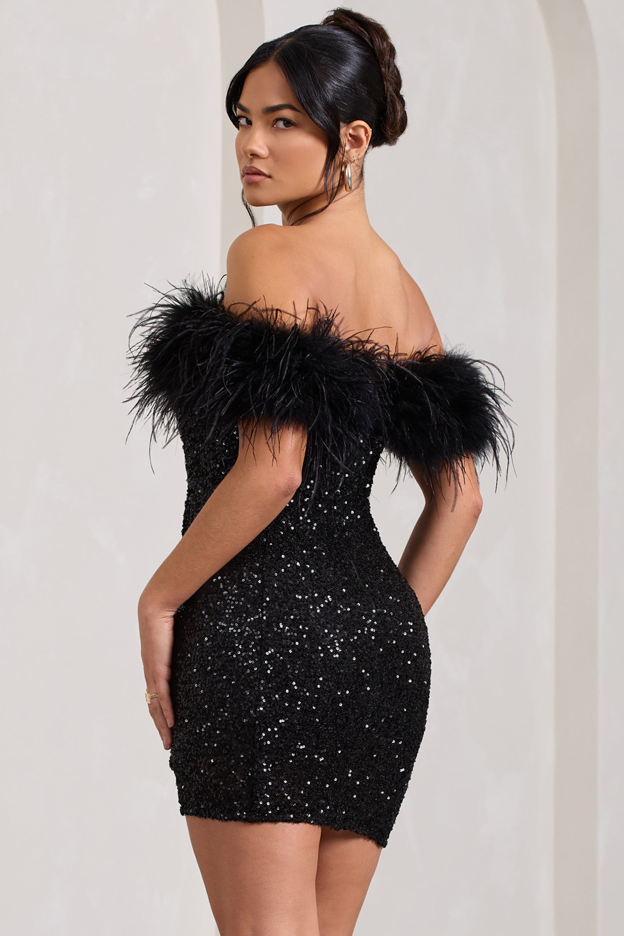 Sequin Mini Dress with Off-Shoulder Feathers