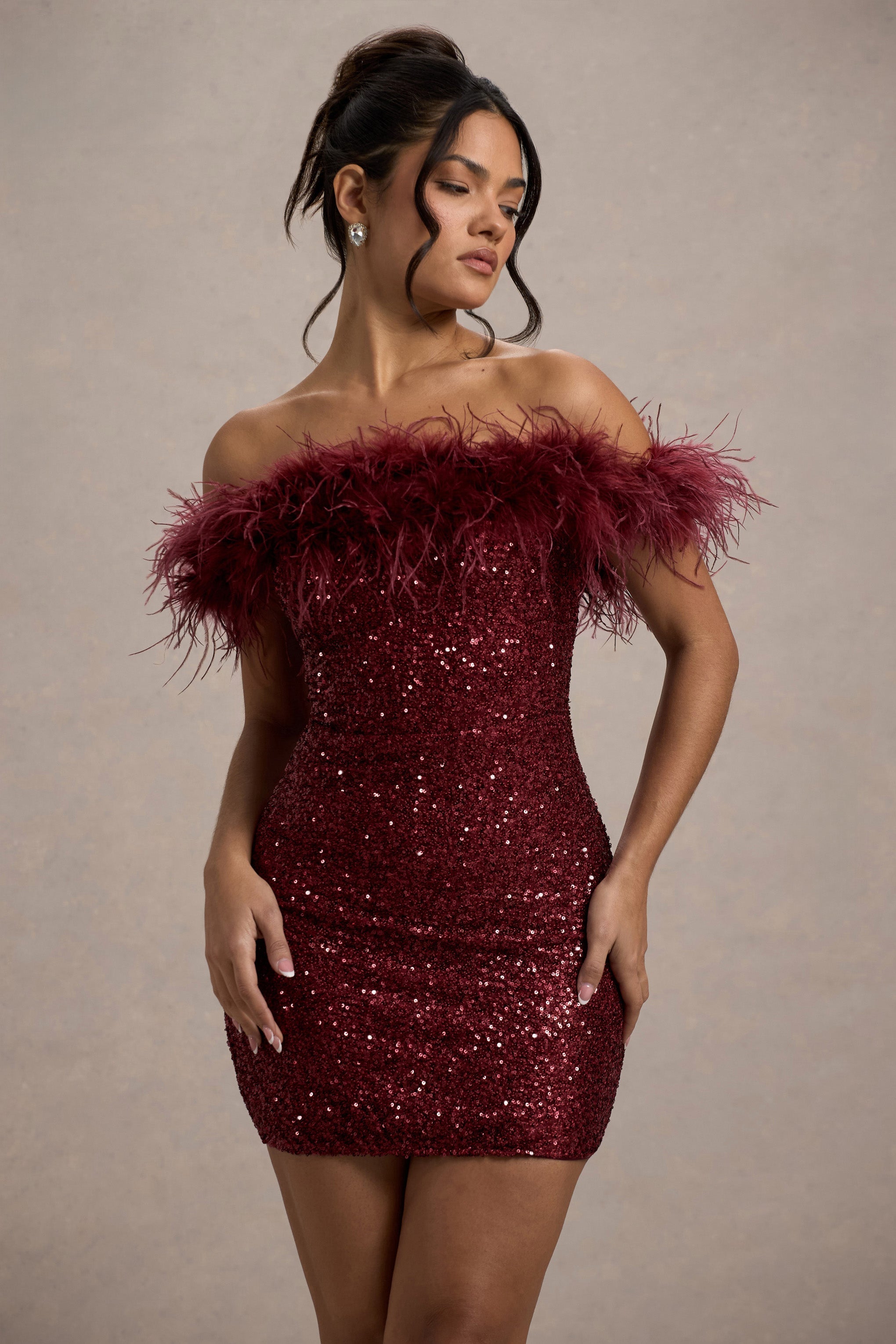 Sequin Mini Dress with Off-Shoulder Feathers