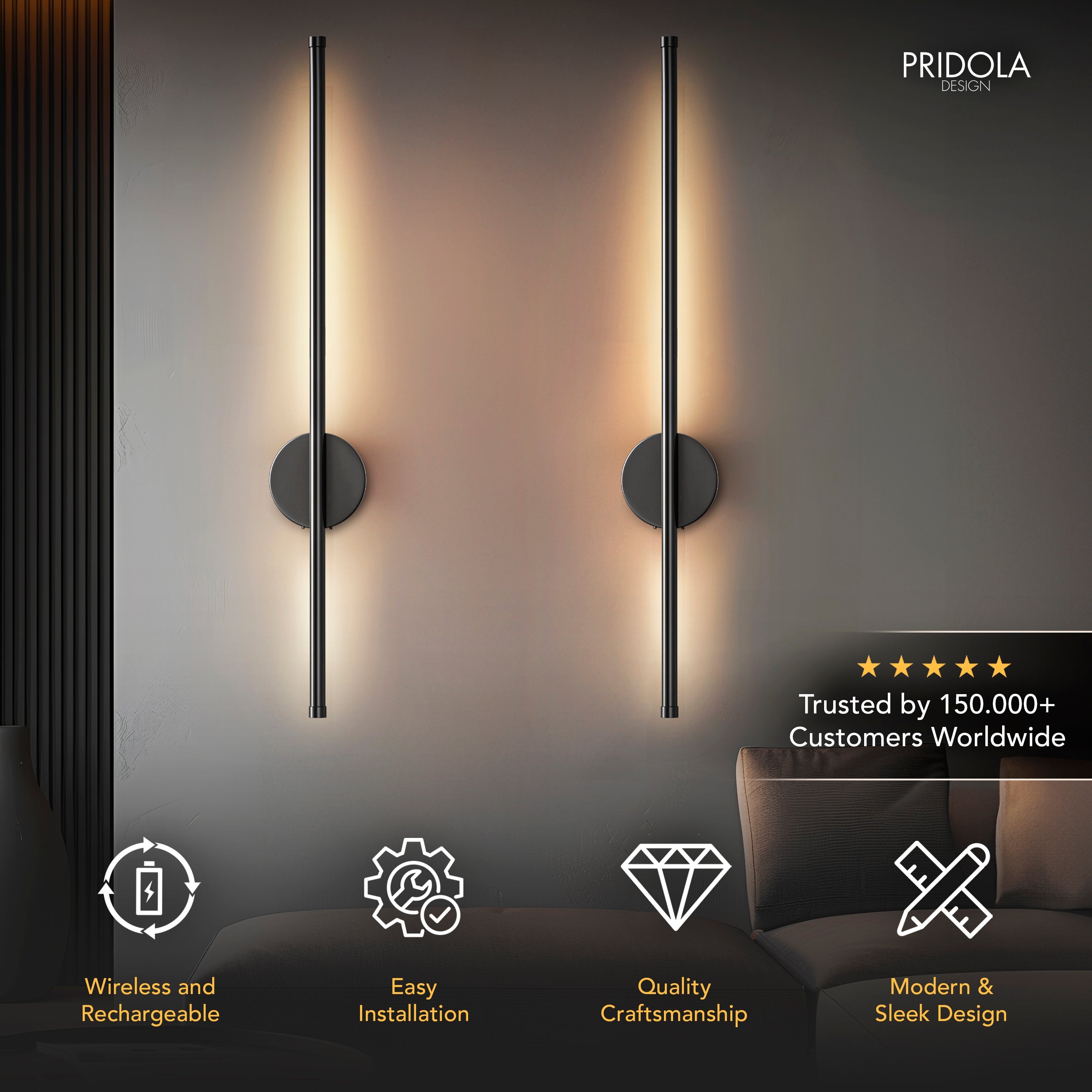 Set of 2 Wireless Rechargeable Wall Lights | Modern Black LED