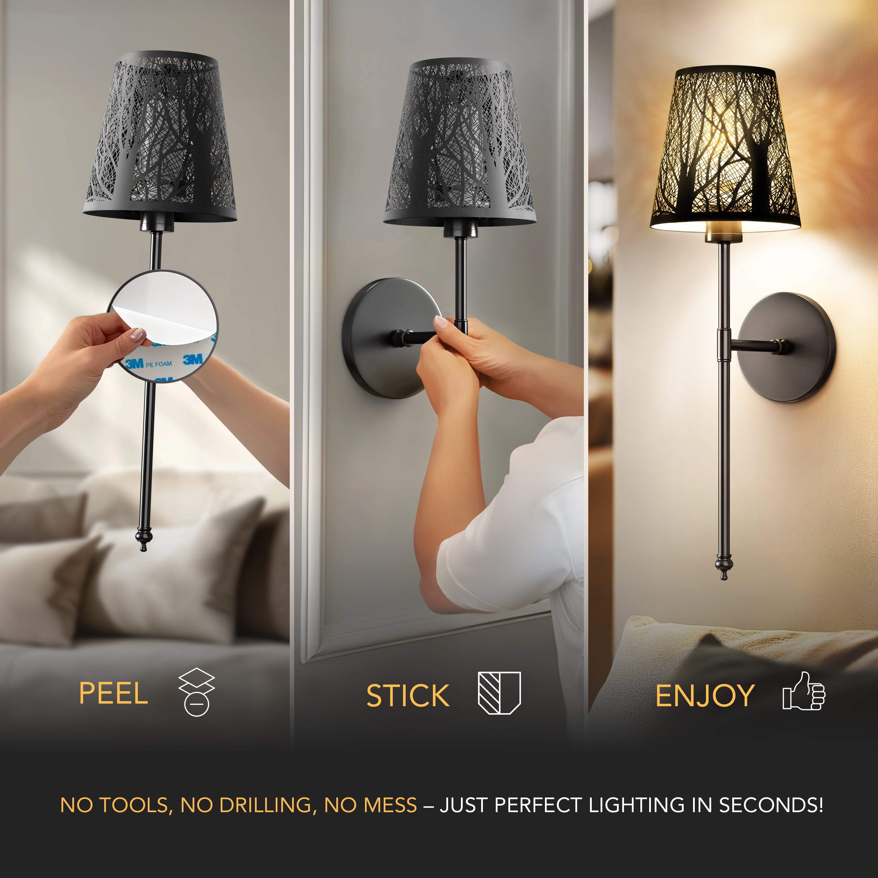 Set of 2 Wireless Metallic Wall Sconces | Gold, Black & Silver