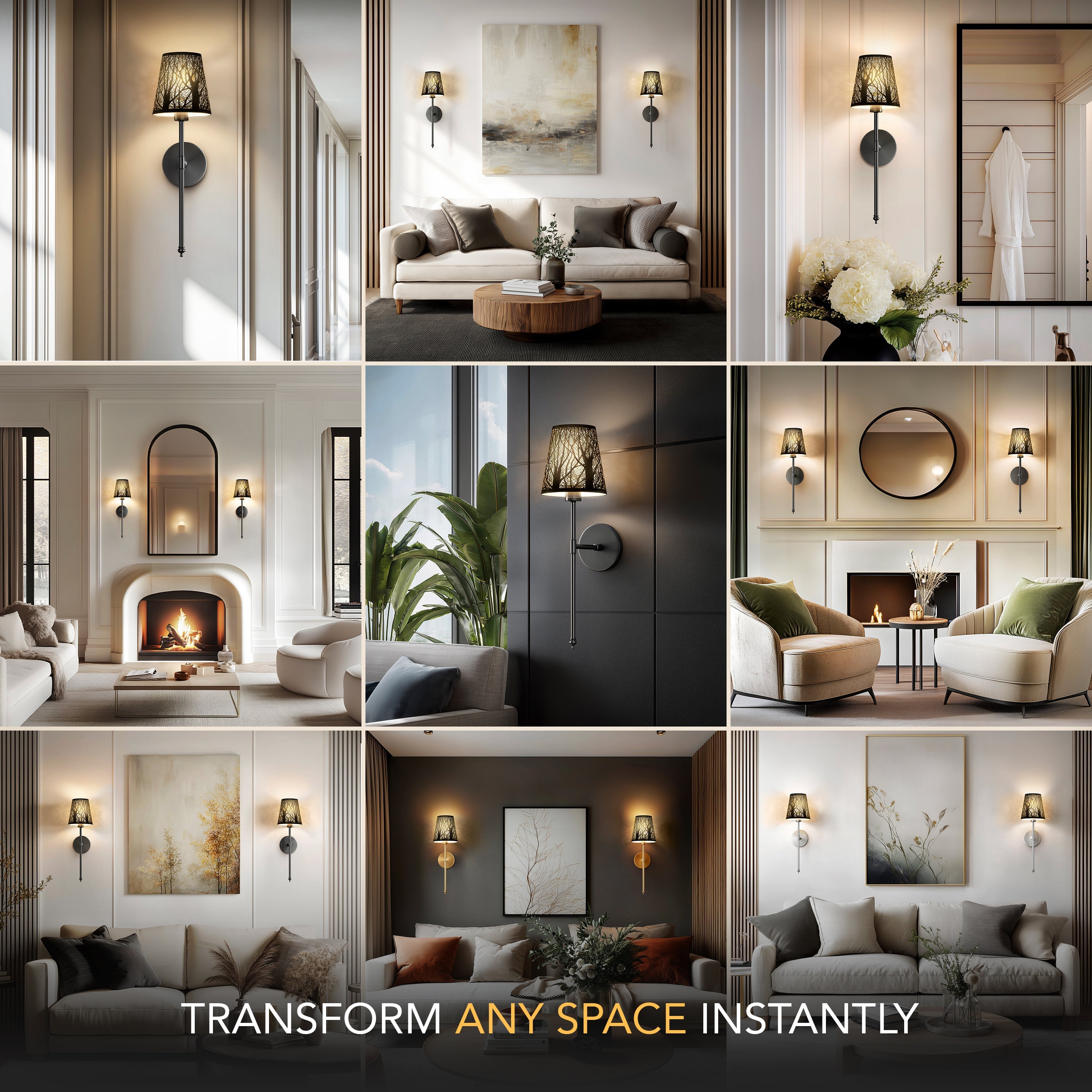 Set of 2 Wireless Metallic Wall Sconces | Gold, Black & Silver