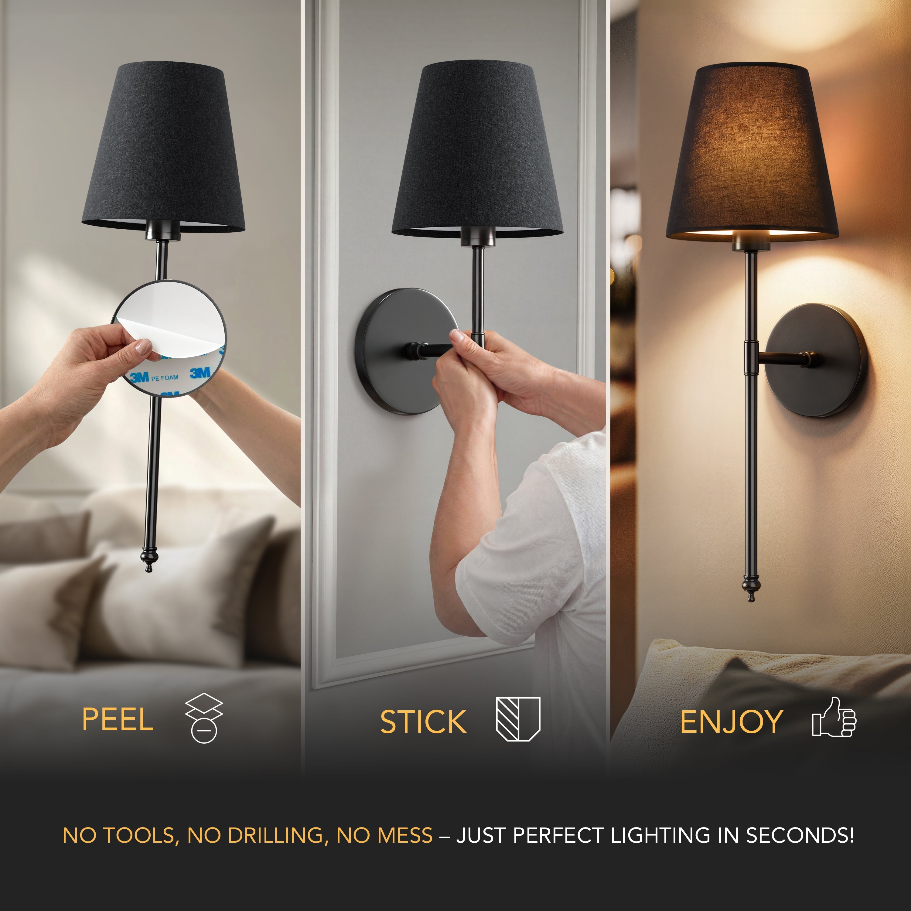 Set of 2 Wireless Wall Sconces with Fabric Shade | Gold, Black & Silver