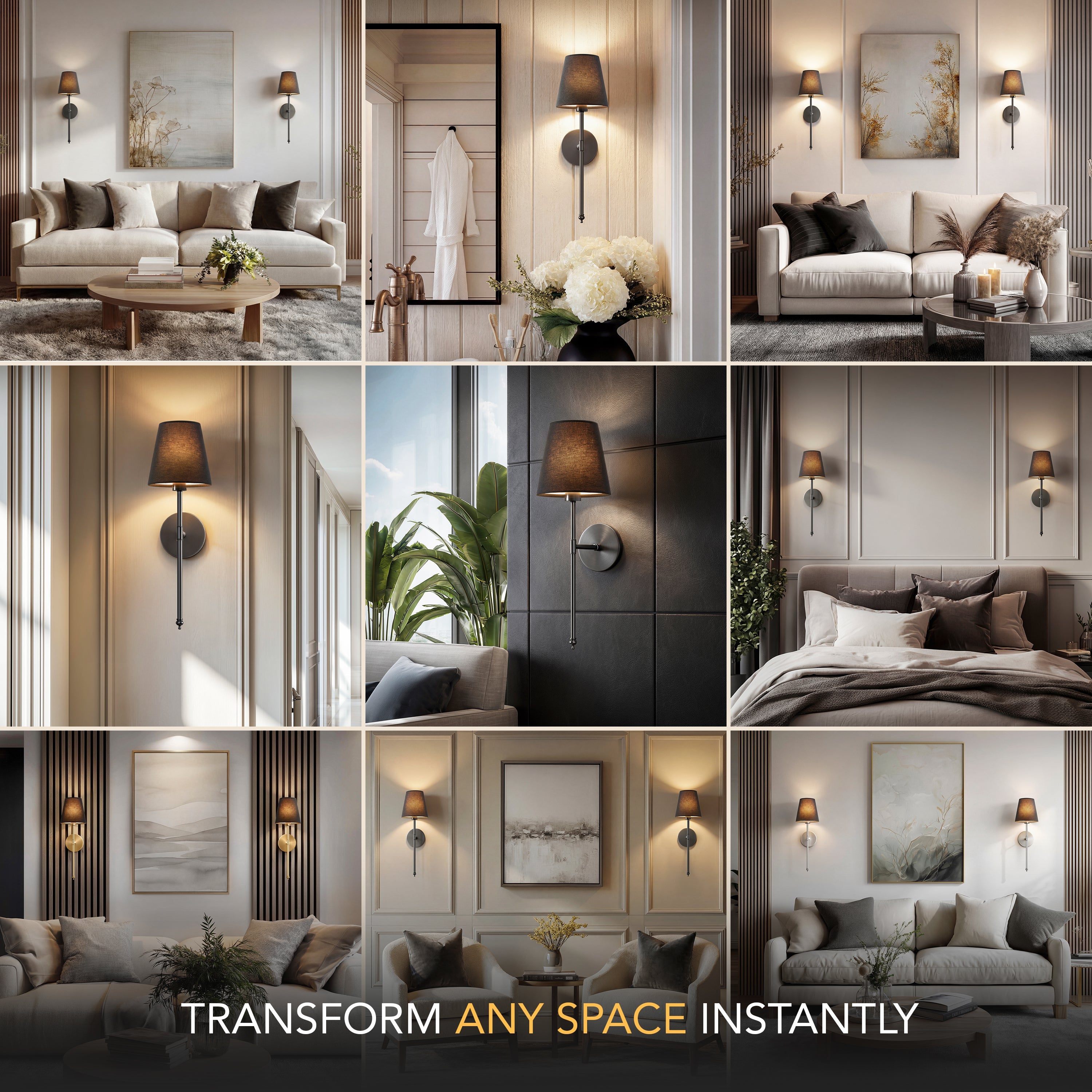 Set of 2 Wireless Wall Sconces with Fabric Shade | Gold, Black & Silver