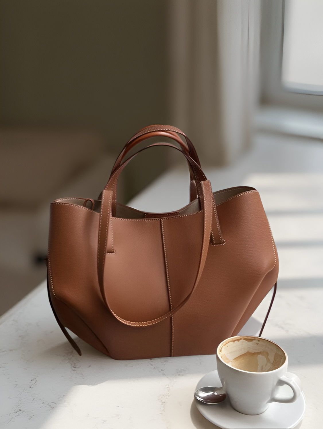 Oversized structured leather tote bag in brown - front view showing premium leather construction