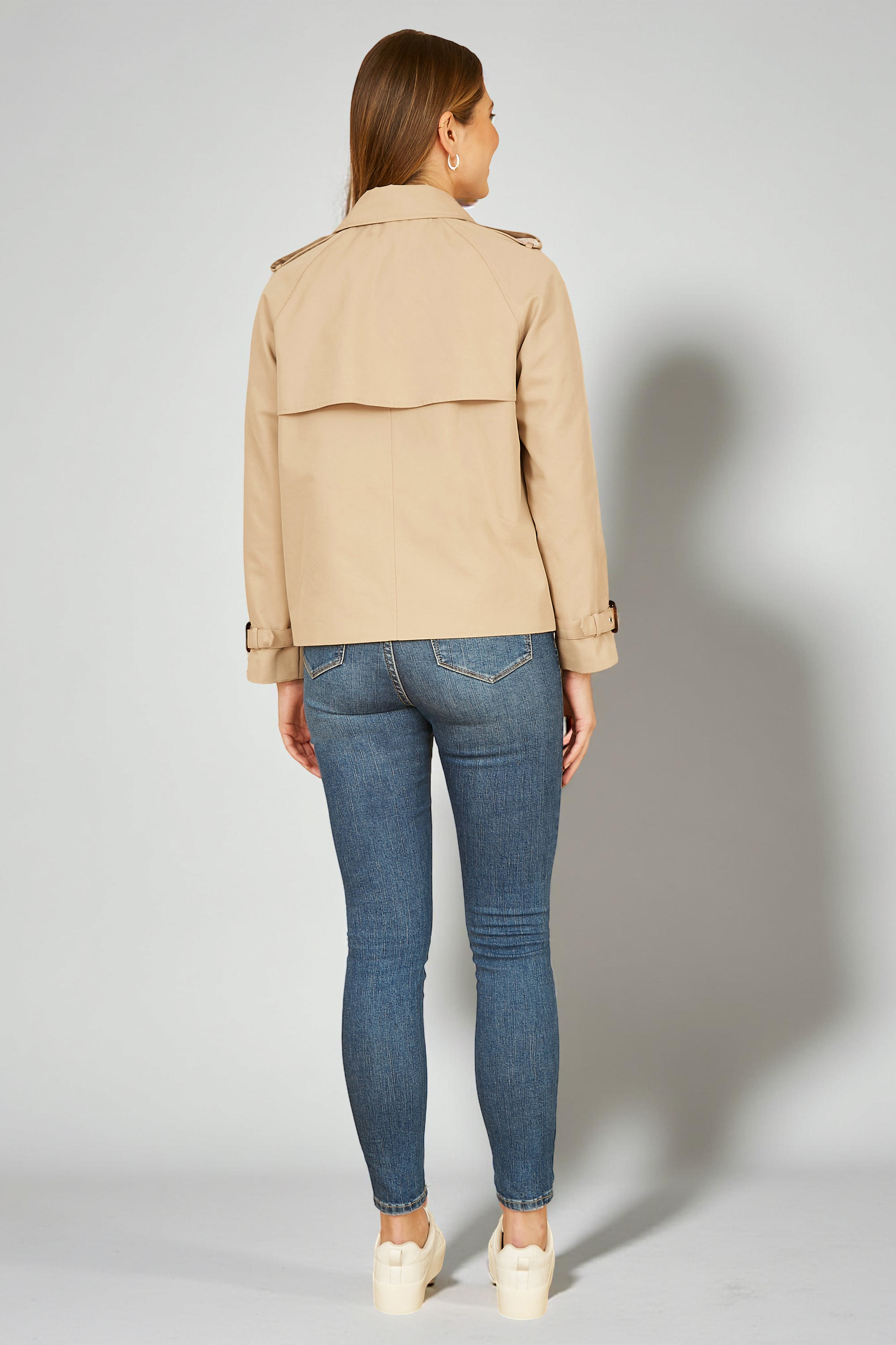 Beige Cropped Trench Jacket With Pockets and Check Lining