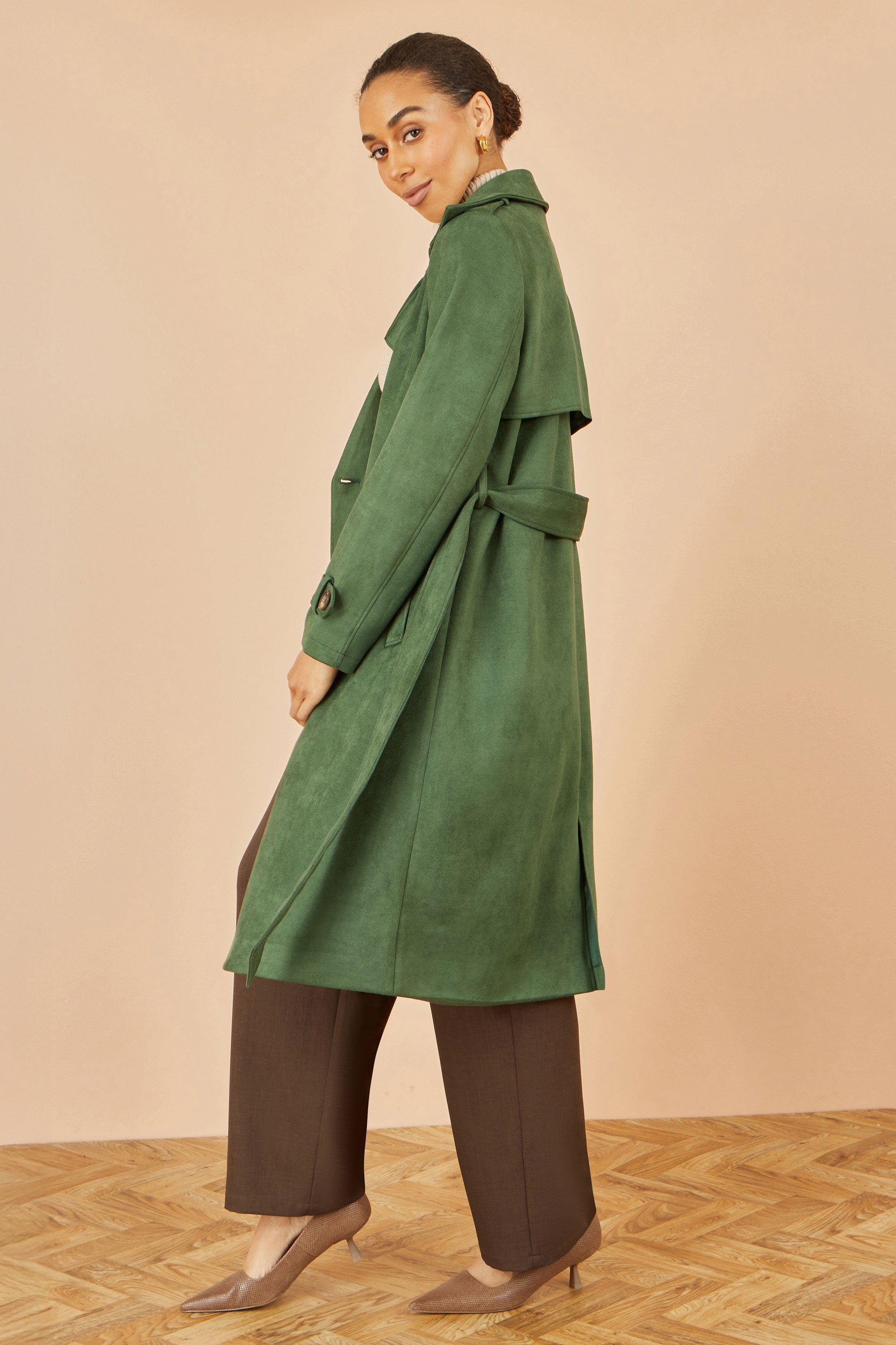 Green Faux Suede Trench Coat