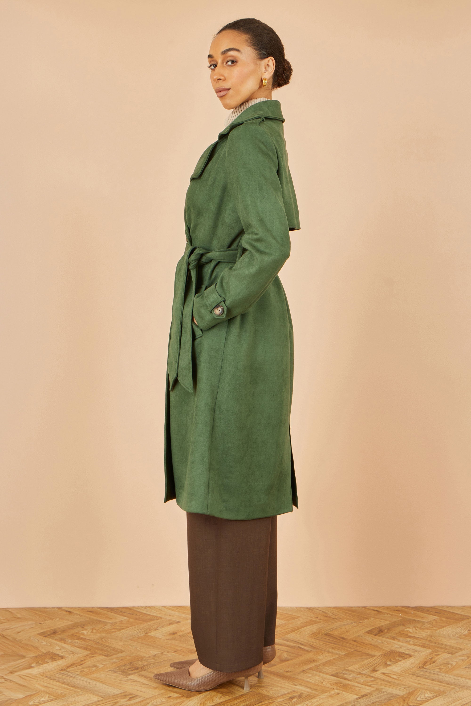 Green Faux Suede Trench Coat