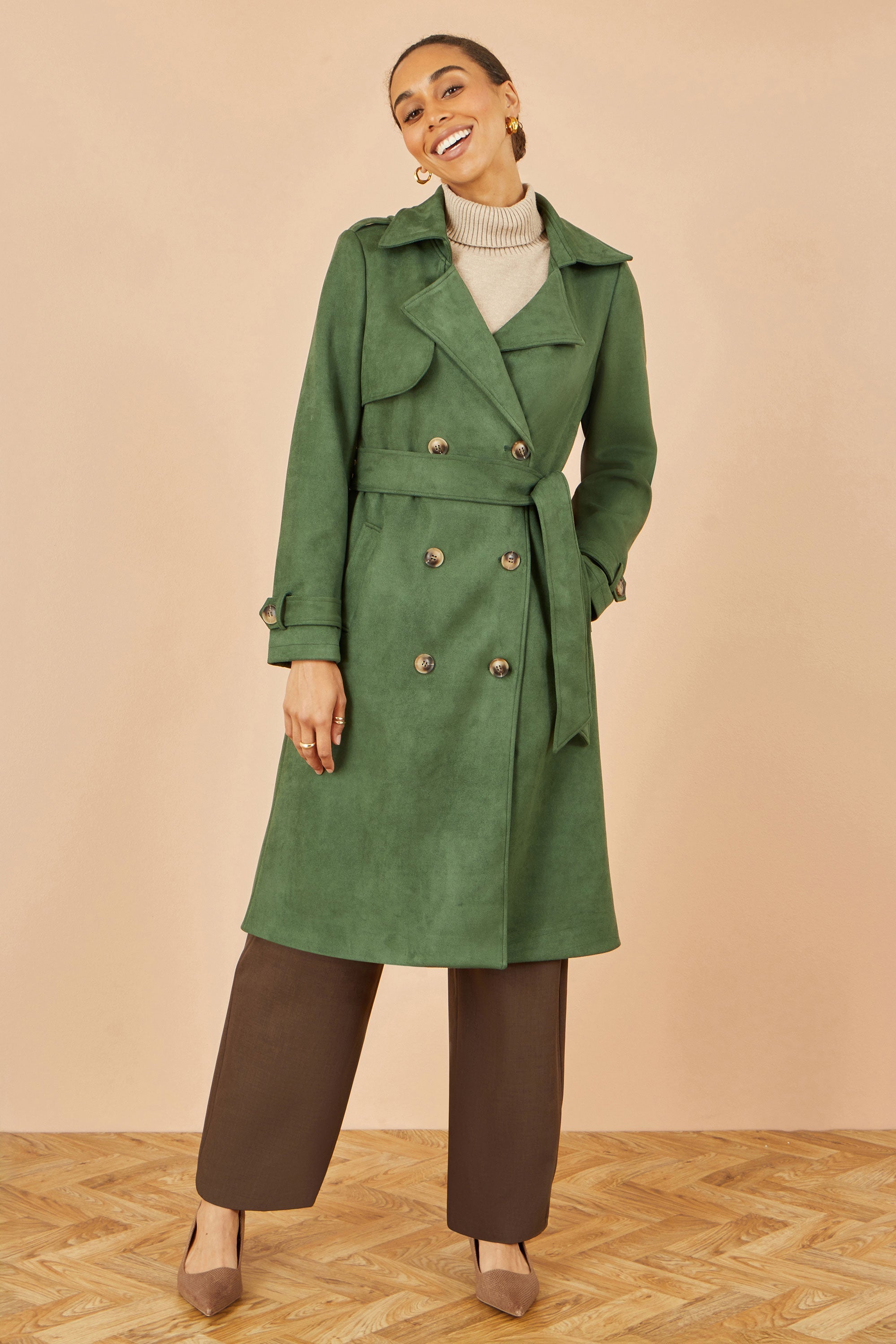 Green Faux Suede Trench Coat