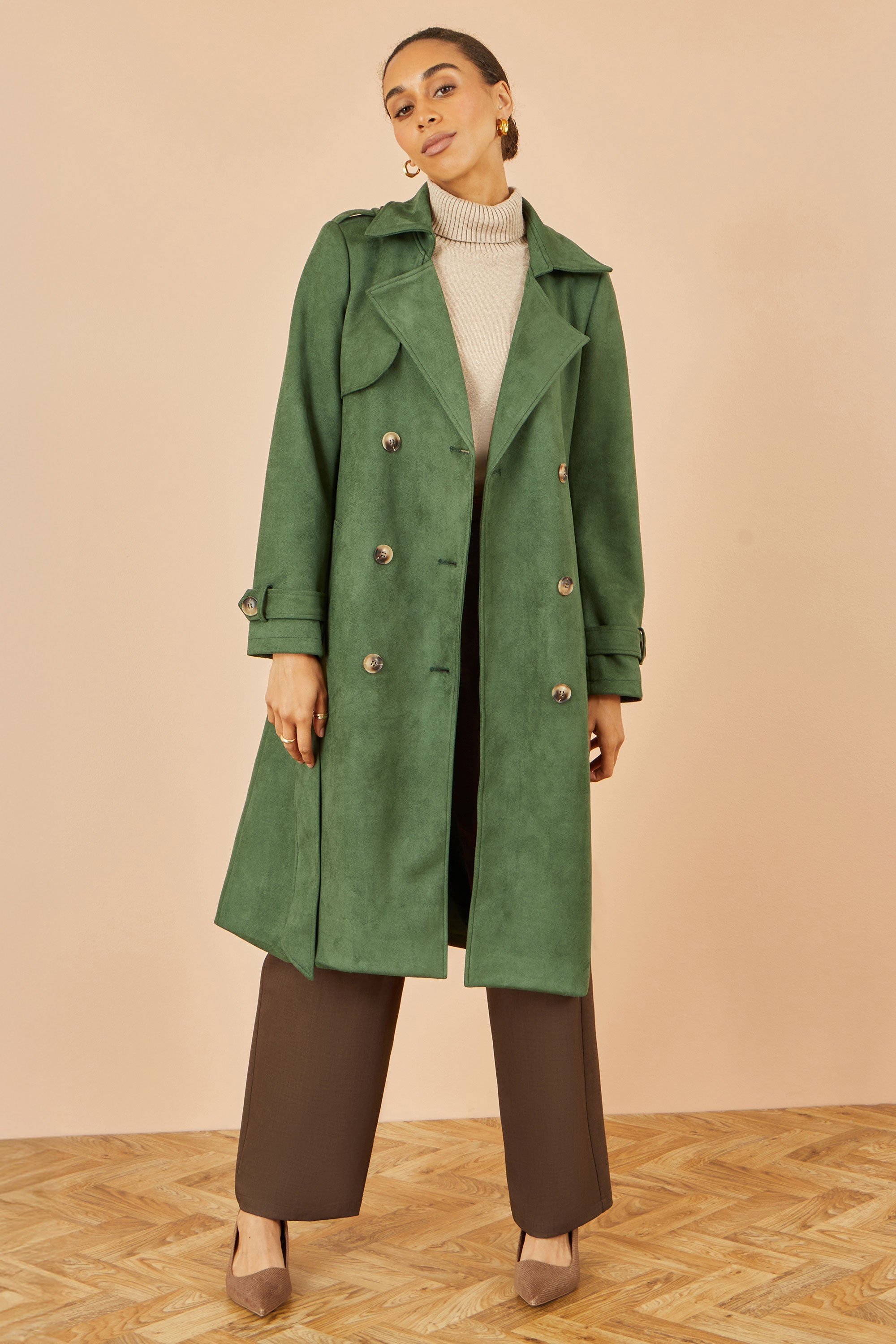 Green Faux Suede Trench Coat