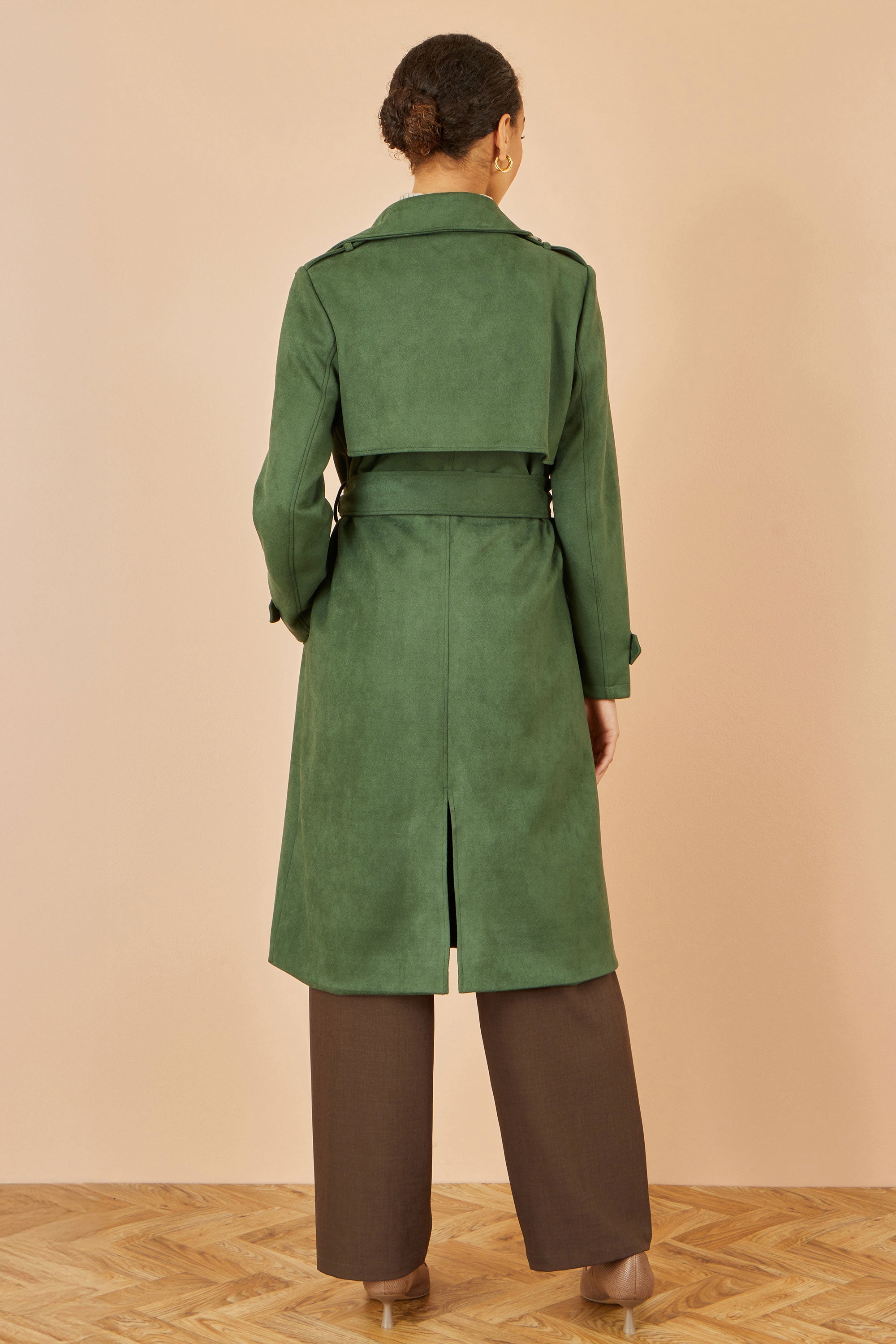 Green Faux Suede Trench Coat