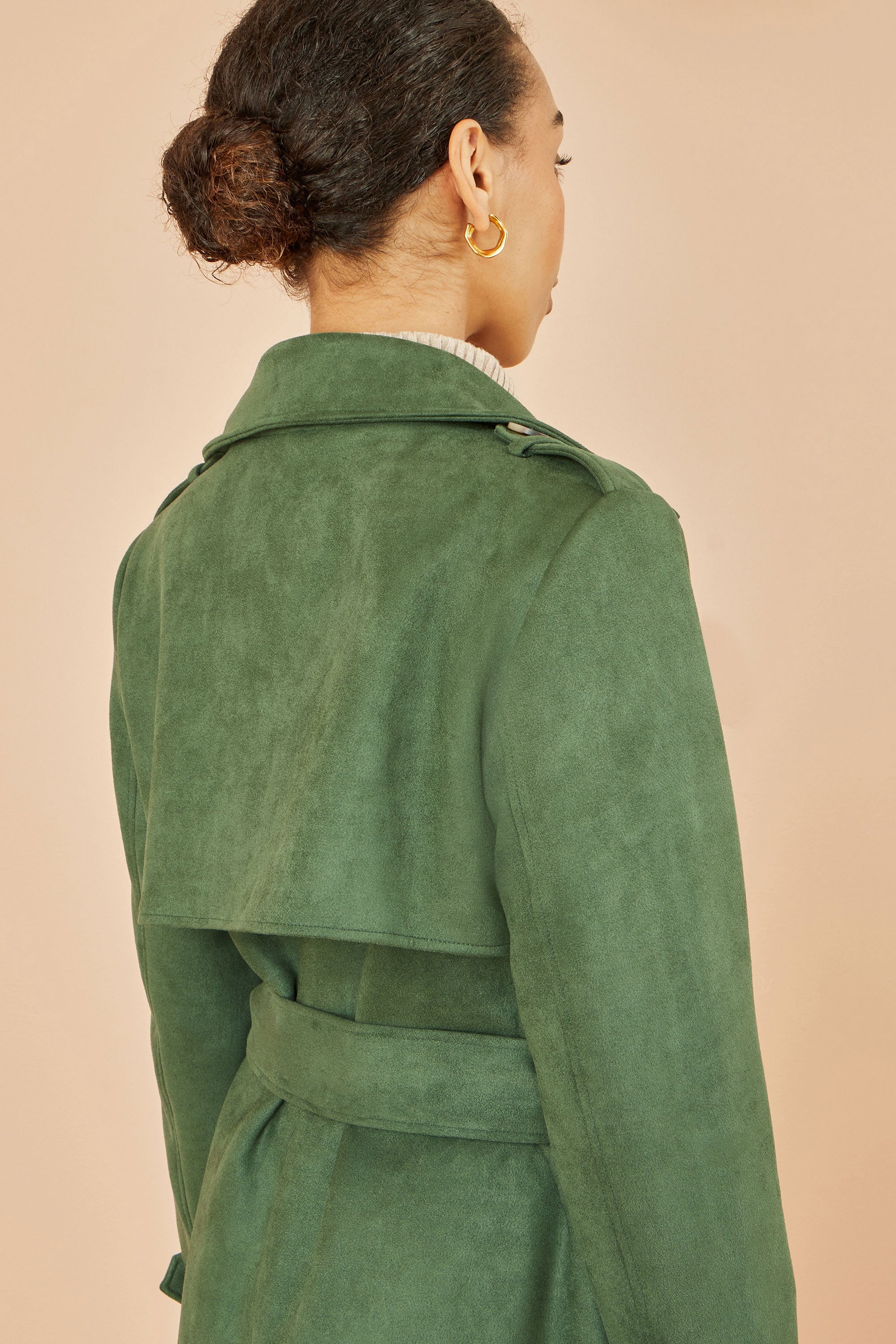 Green Faux Suede Trench Coat