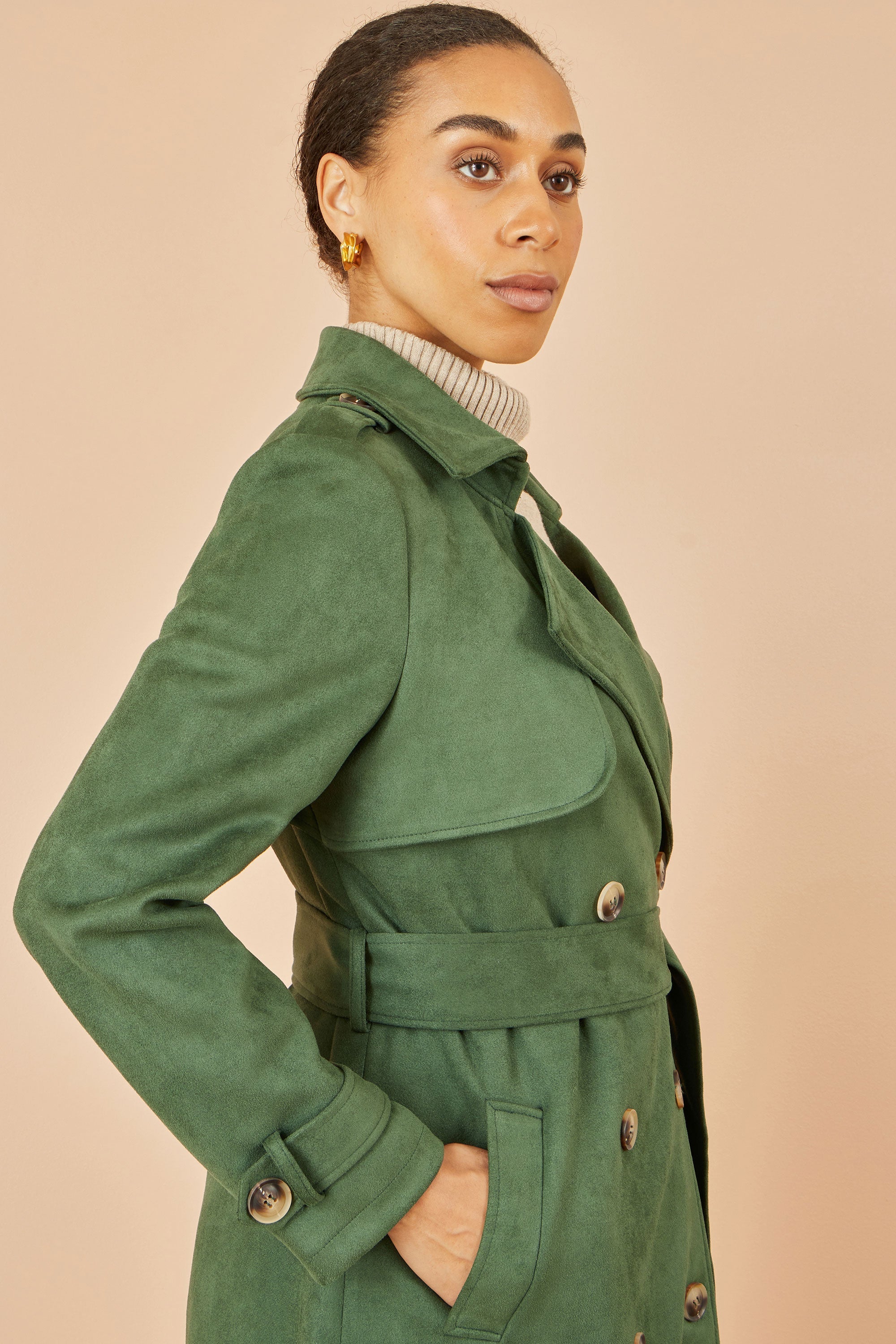 Green Faux Suede Trench Coat