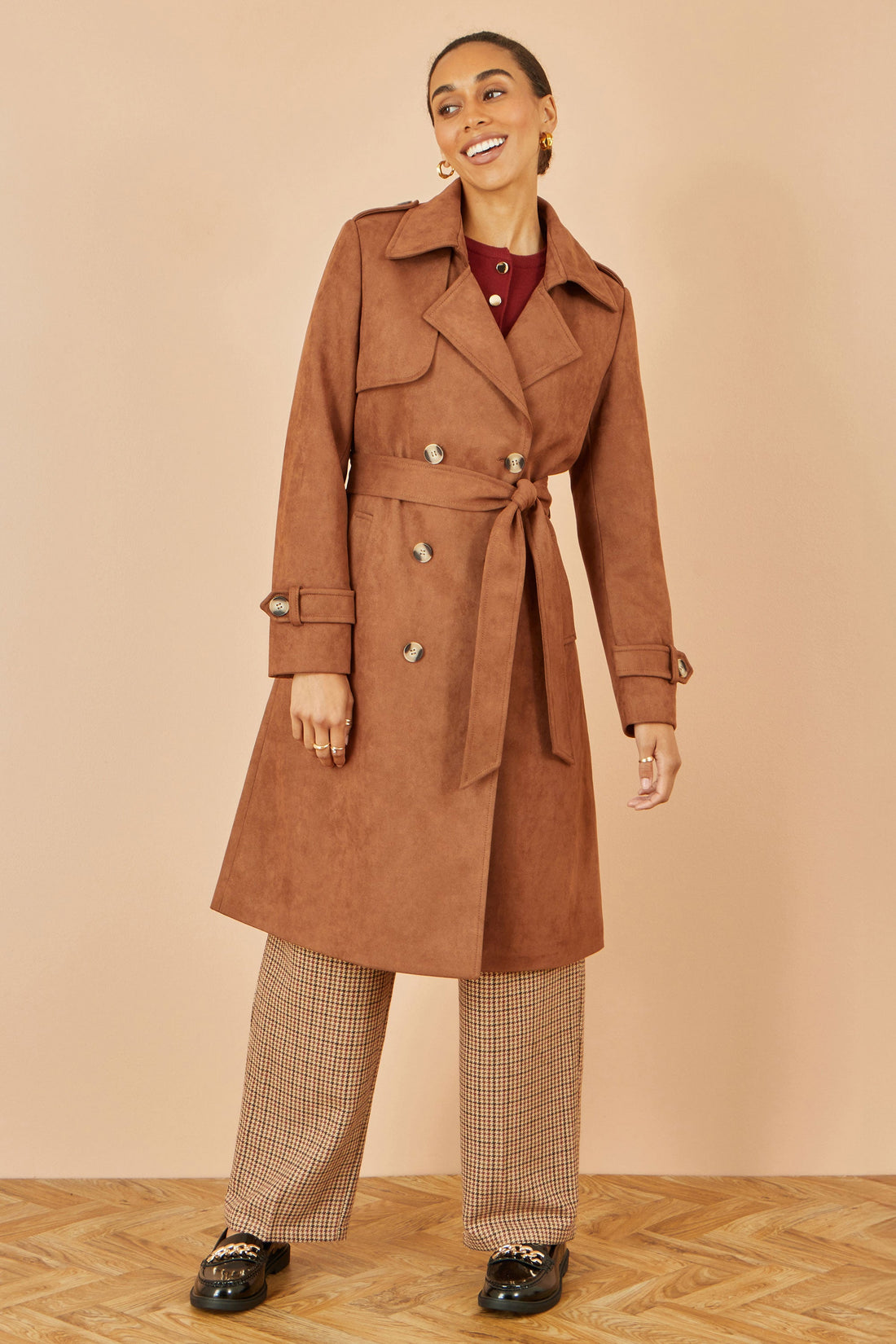 Yumi brown faux suede trench coat front view