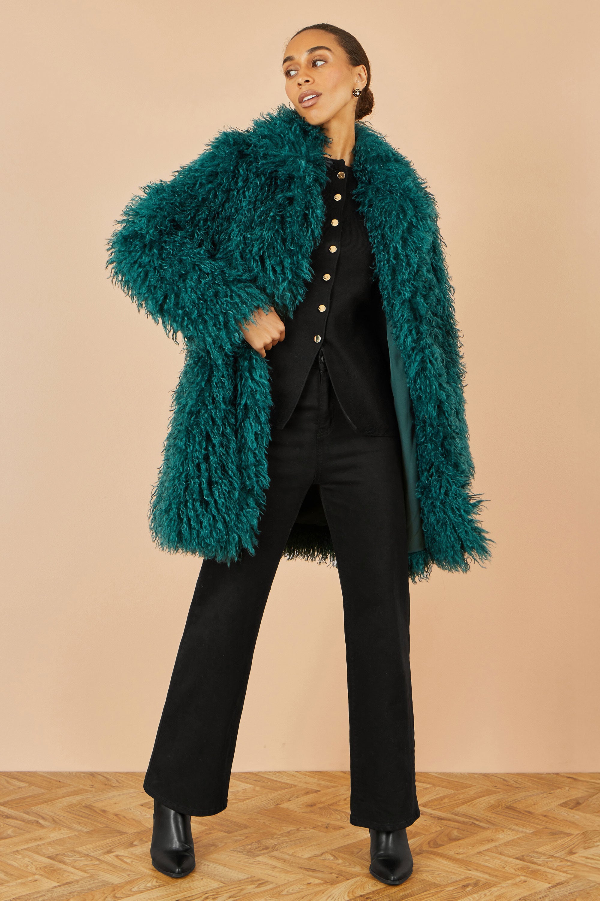 Teal Luxe Long Hair Fur Coat