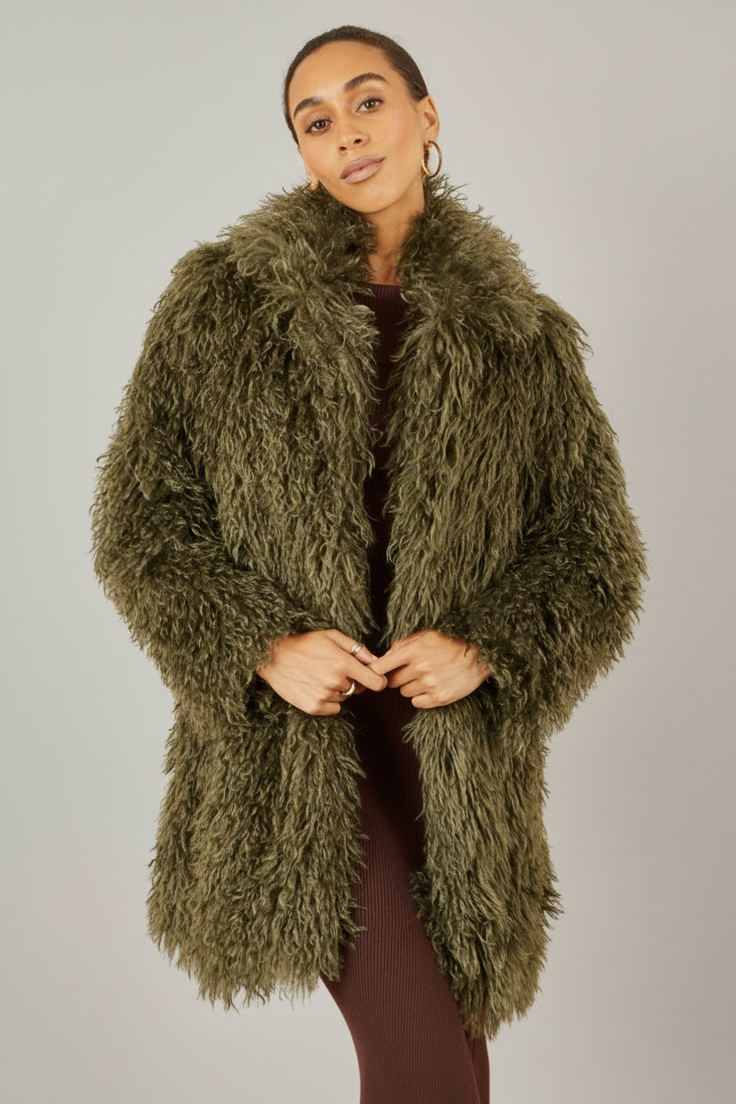 green luxe long hair faux fur coat - statement winter outerwear for women