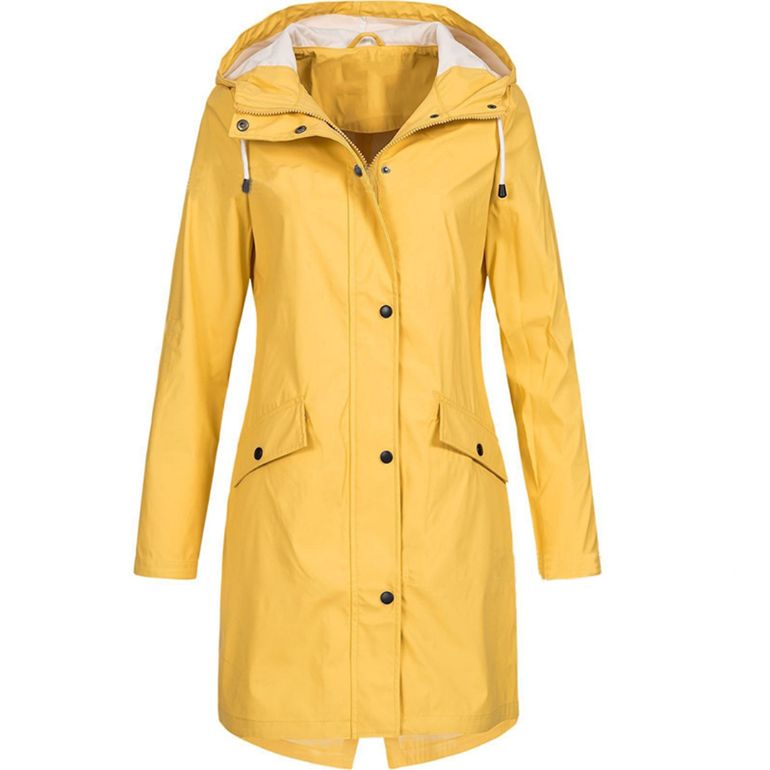 Adjustable hood detail on women’s waterproof raincoat