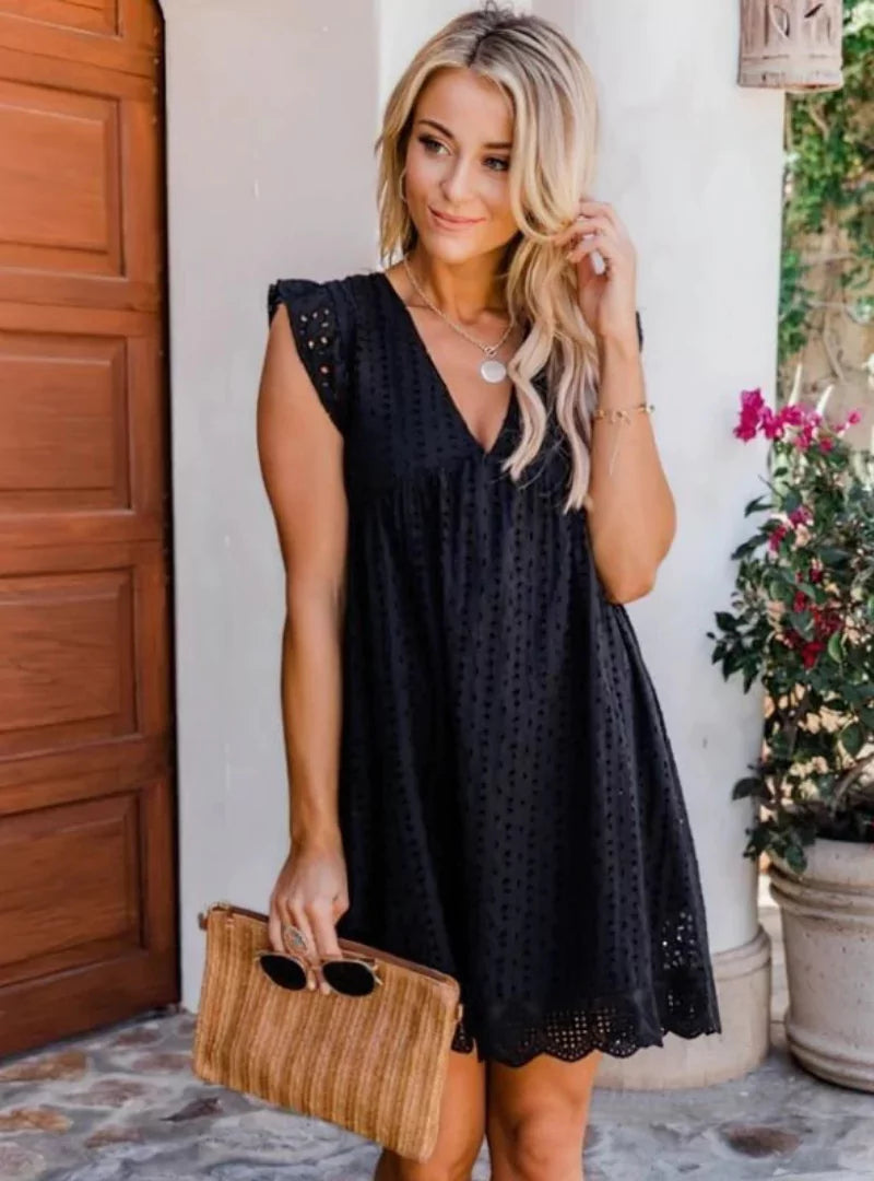 V-Neck Eyelet Embroidered Summer Dress - Loose Fit