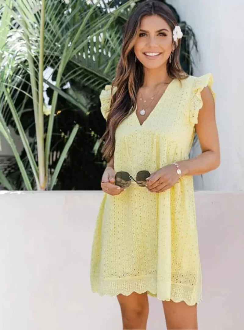 V-Neck Eyelet Embroidered Summer Dress - Loose Fit