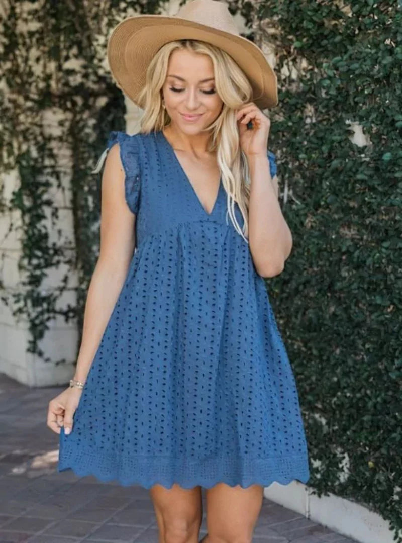 V-Neck Eyelet Embroidered Summer Dress - Loose Fit