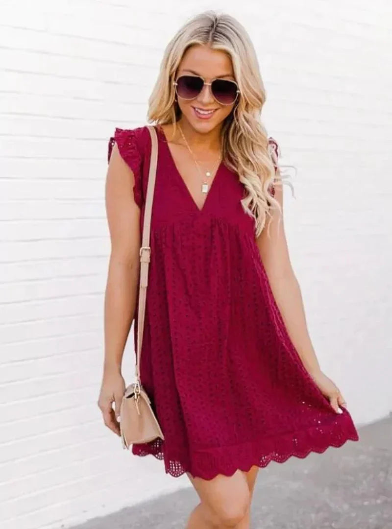 V-Neck Eyelet Embroidered Summer Dress - Loose Fit