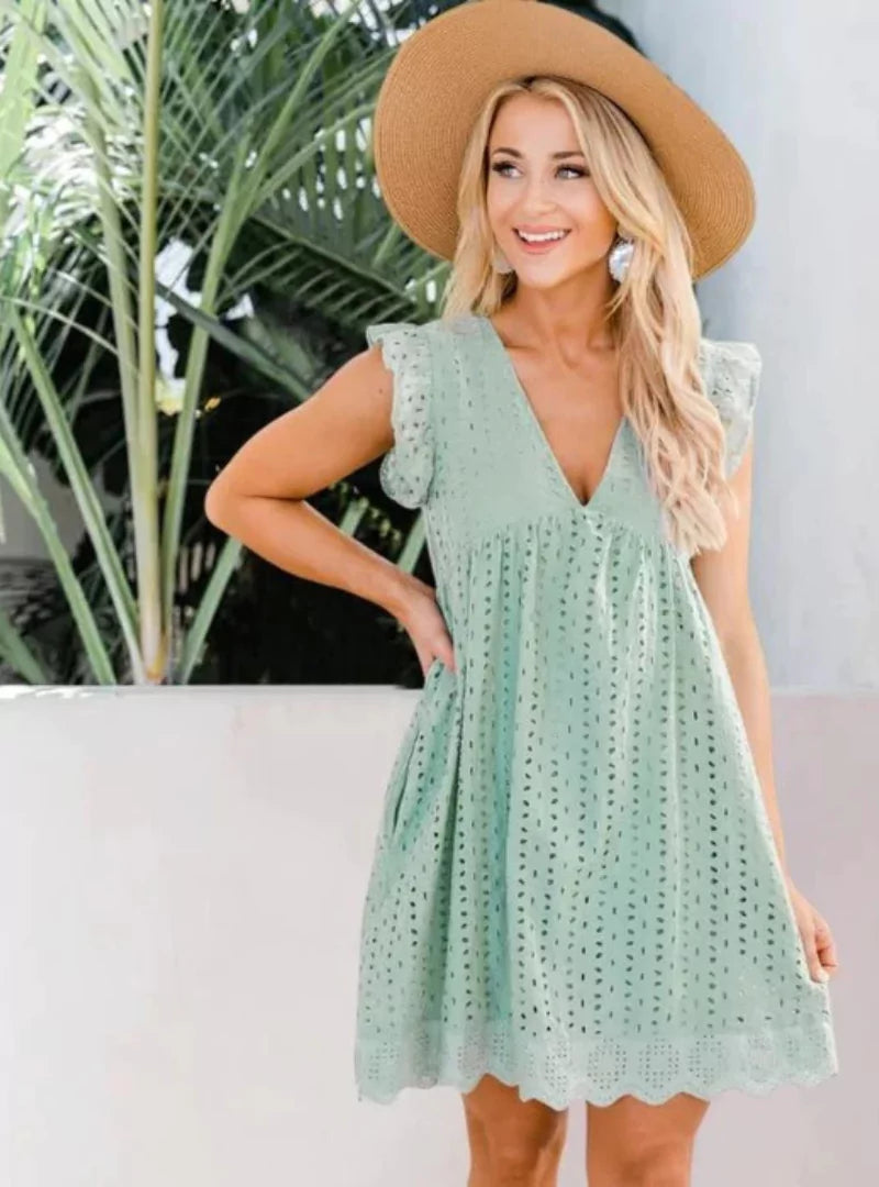 V-Neck Eyelet Embroidered Summer Dress - Loose Fit