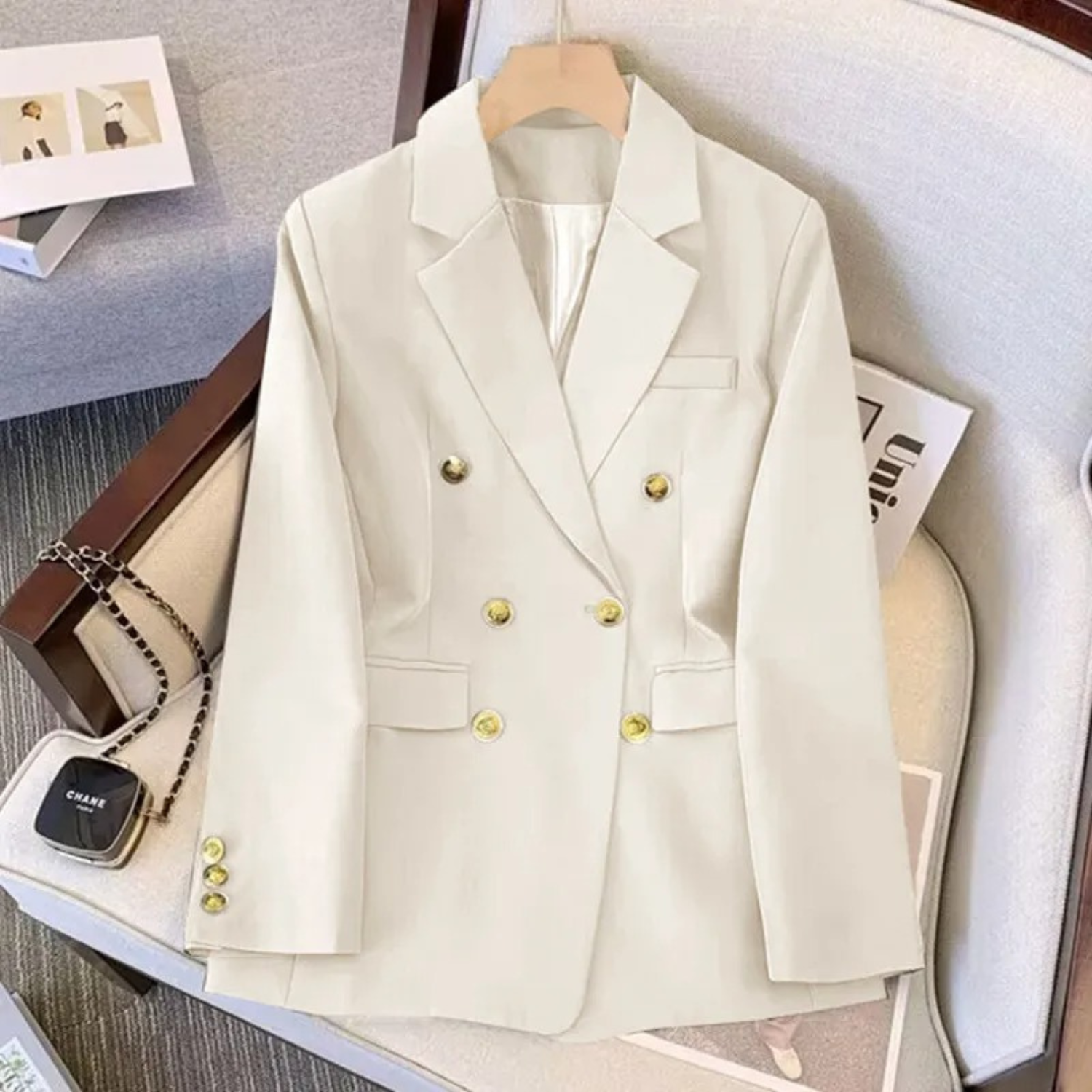 Double-Breasted Blazer with Gold Buttons