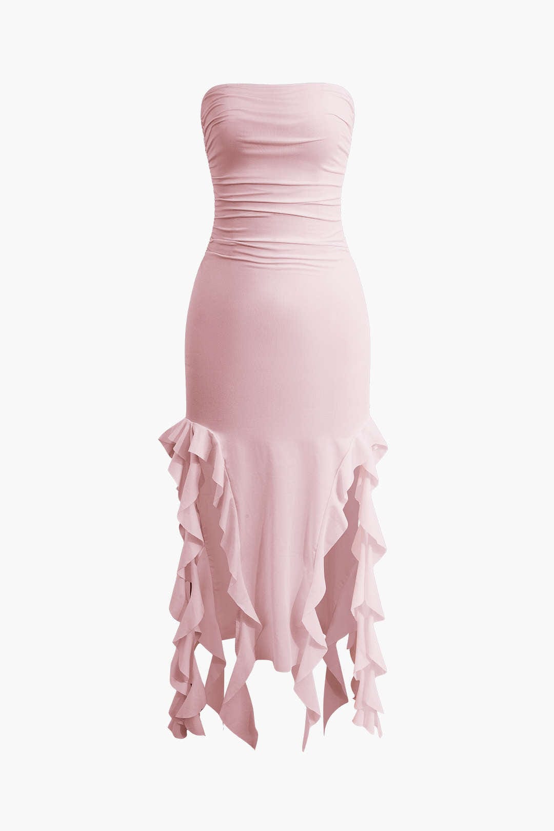 Elegant Ruffle Bandeau Maxi Dress – Timeless Sophistication