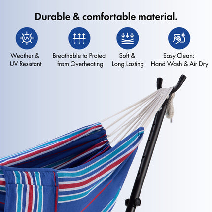 Blue red striped hammock for patio

