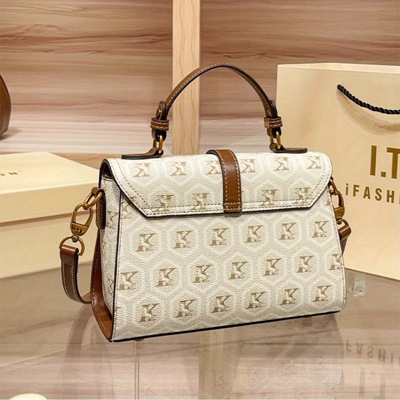 Elegant Vintage Two-Layer Handbag - Beige/Brown with Zipper Closure & Adjustable Strap