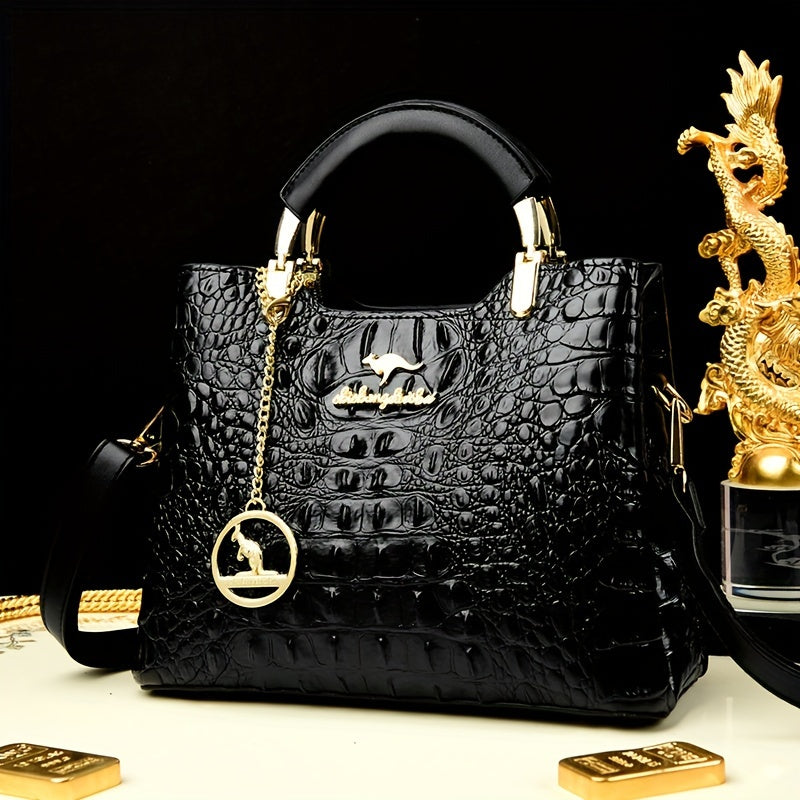 Green Crocodile-Embossed Handbag - Elegant Shoulder Purse with Detachable Strap and Chain Detail