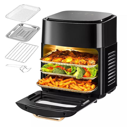 Large air fryer oven UK kitchen with roast chicken and chips, British family using 15 litre air fryer with viewing window