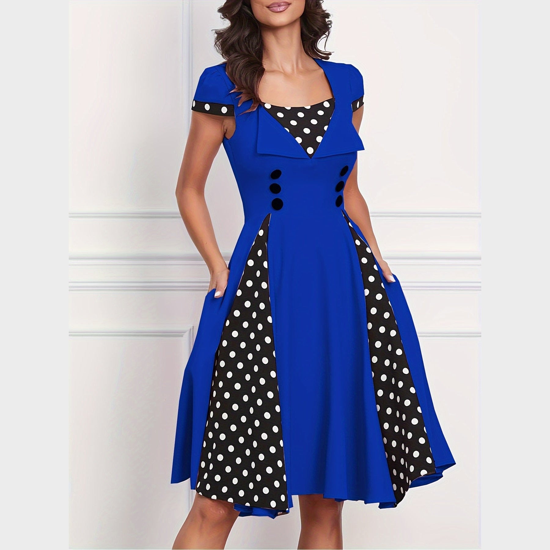 Women’s Polka Dot A-Line Dress – Square Neck with Decorative Buttons