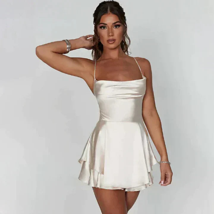 Cross-Back Spaghetti Strap Mini Satin Dress