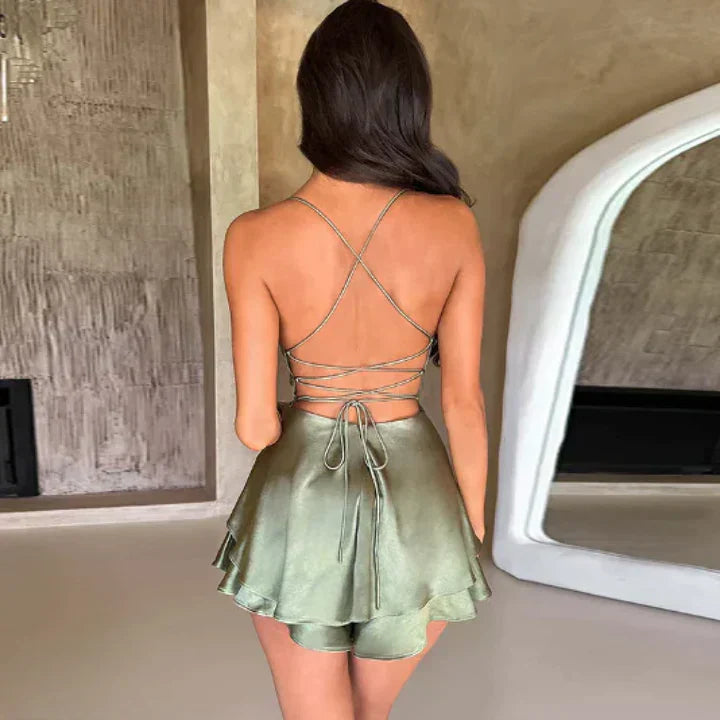 Cross-Back Spaghetti Strap Mini Satin Dress