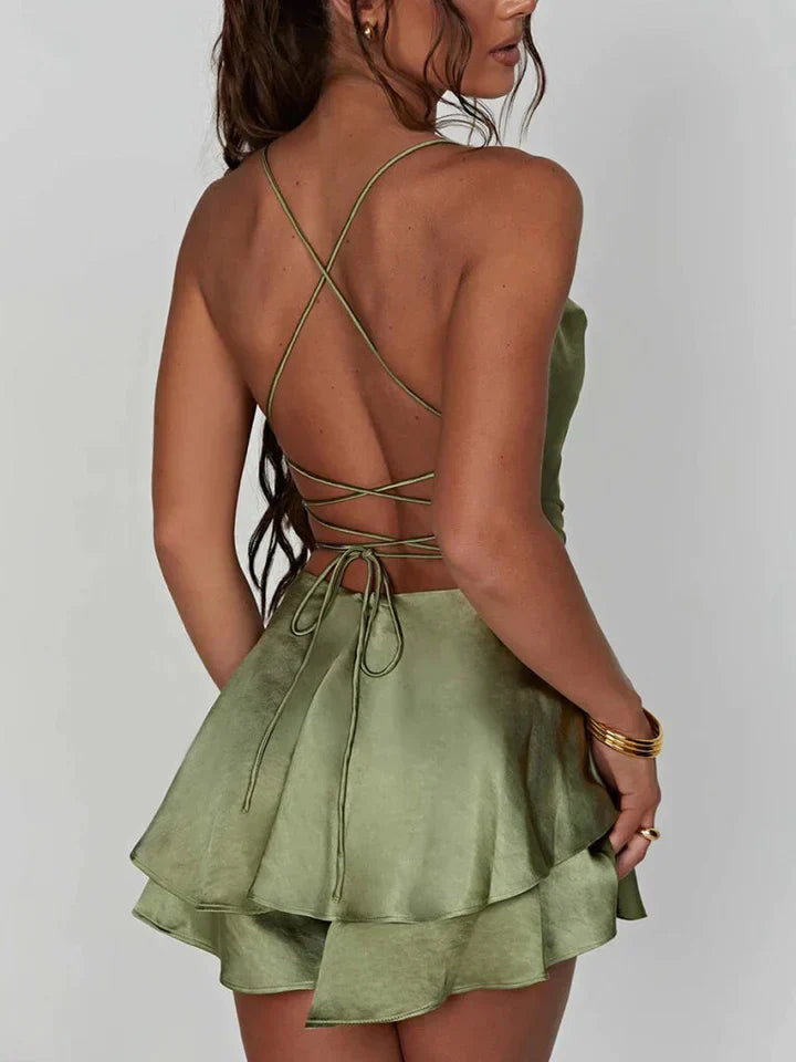 Cross-Back Spaghetti Strap Mini Satin Dress