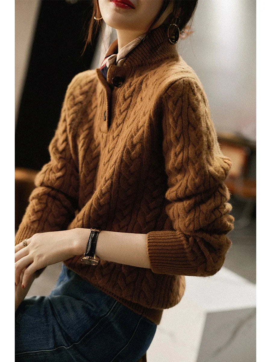 Model wearing Arden Cashmere Knit Sweater indoors
