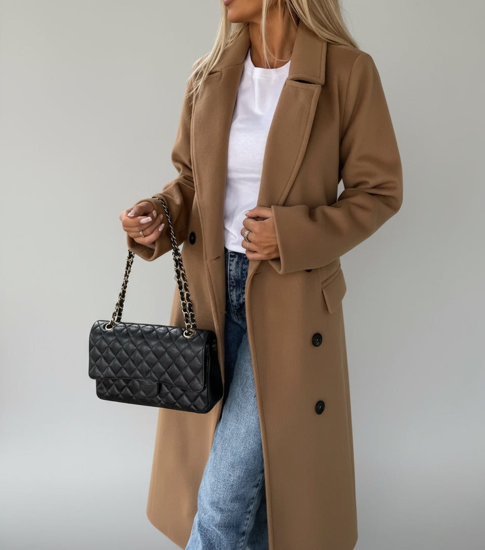 Close-up fabric detail on Aveline double-breasted coat-brown