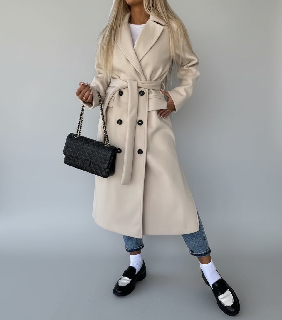 Lapel and collar close-up of timeless double-breasted coat